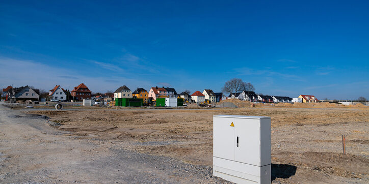 Distribution electric box of white color at the construction site.
